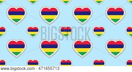 Mauritius Flag Seamless Pattern. Vector Mauritian Flags Stickers. Love Hearts Symbols. Texture For T