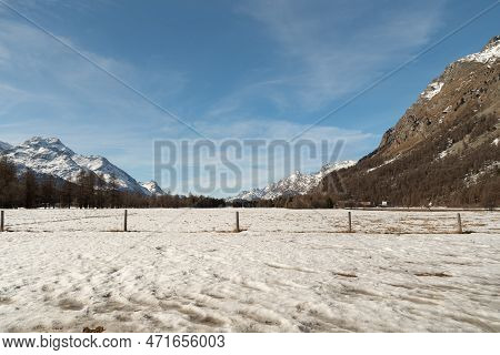 Silvaplana, Switzerland, February 21, 2023 View To The Top Of The Mount Piz Corvatsch And A Wonderfu