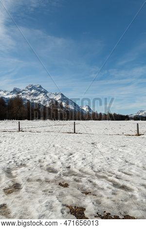 Silvaplana, Switzerland, February 21, 2023 View To The Top Of The Mount Piz Corvatsch And A Wonderfu