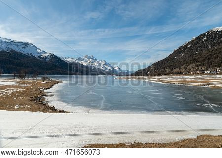 Silvaplana, Switzerland, February 21, 2023 Incredible Winter Panorama With A View Over The Frozen La