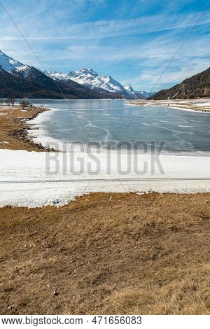 Silvaplana, Switzerland, February 21, 2023 Incredible Winter Panorama With A View Over The Frozen La
