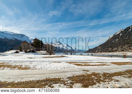 Silvaplana, Switzerland, February 21, 2023 Incredible Winter Panorama With A View Over The Frozen La