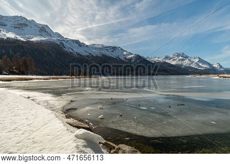 Silvaplana, Switzerland, February 21, 2023 Incredible Winter Panorama With A View Over The Frozen La