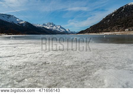 Silvaplana, Switzerland, February 21, 2023 Incredible Winter Panorama With A View Over The Frozen La