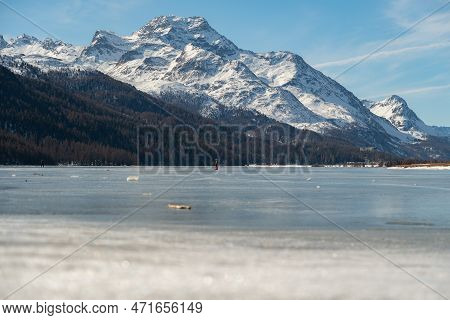 Silvaplana, Switzerland, February 21, 2023 Incredible Winter Panorama With A View Over The Frozen La