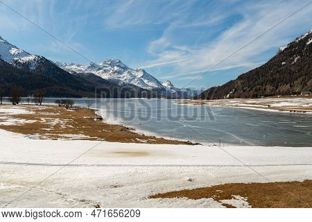 Silvaplana, Switzerland, February 21, 2023 Incredible Winter Panorama With A View Over The Frozen La