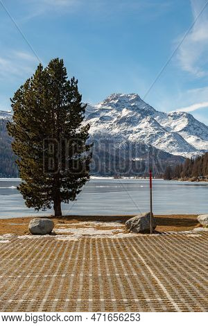Silvaplana, Switzerland, February 21, 2023 Incredible Winter Panorama With A View Over The Frozen La