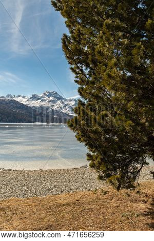 Silvaplana, Switzerland, February 21, 2023 Incredible Winter Panorama With A View Over The Frozen La