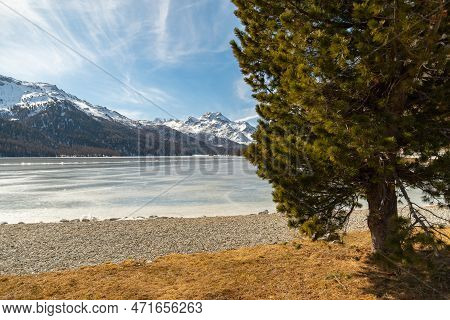 Silvaplana, Switzerland, February 21, 2023 Incredible Winter Panorama With A View Over The Frozen La