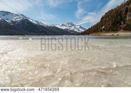 Silvaplana, Switzerland, February 21, 2023 Incredible Winter Panorama With A View Over The Frozen La