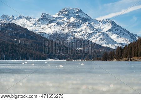 Silvaplana, Switzerland, February 21, 2023 Incredible Winter Panorama With A View Over The Frozen La