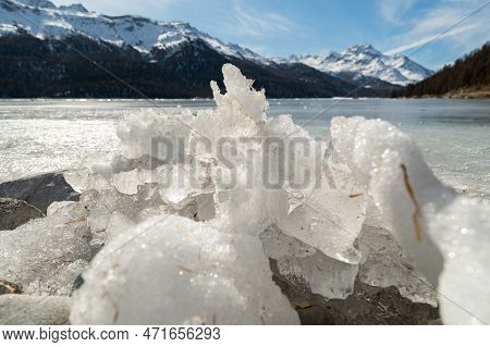 Silvaplana, Switzerland, February 21, 2023 Stunning Winter Landscape Scenery With A Frozen Lake Of S
