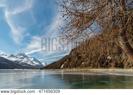 Silvaplana, Switzerland, February 21, 2023 Incredible Winter Panorama With A View Over The Frozen La