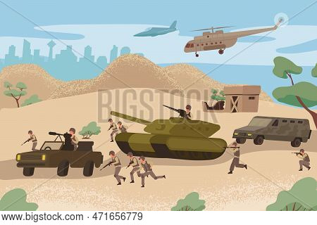 War Attack Composition With The Whole Armada Is On Its Way To A Military Battle Vector Illustration