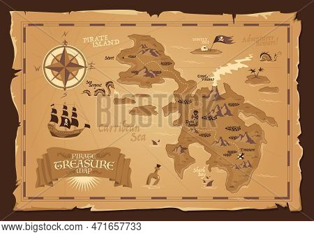 Detailed Map Of Pirate Treasure With Frayed Edges In Vintage Style Flat Vector Illustration