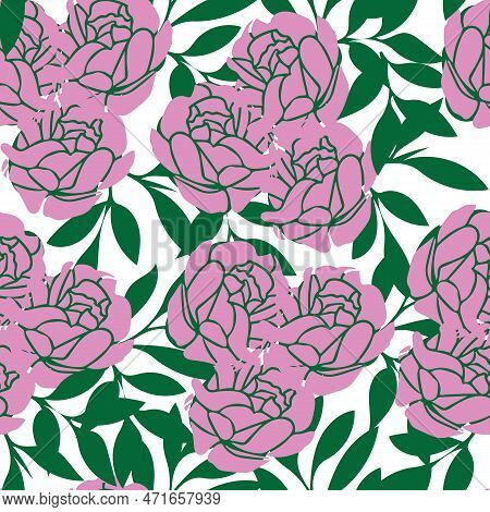 Seamless Vector Abstract Roses And Green Leaves Pattern On White Background.