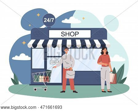 Any Time Service. Man And Woman With Packages Next To Store. Advertising Poster Or Banner For Websit