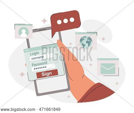 Internet Security Concept. Hand Holds Smartphone, Device Gadgets. Login And Password, Authorization 
