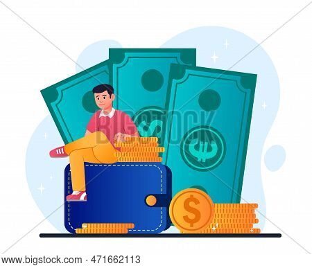 Currency Trading Concept. Man Sits On Wallet With Dollars And Euros. Financial Literacy, Economics A