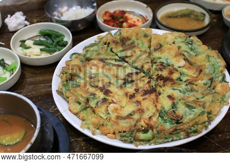 Pajeon Scallion Pancakes Or Korean Pizza With Dipping Sauce. Korean Traditional Food Style