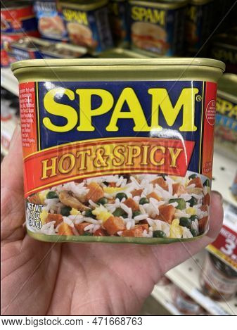 Grovetown, Ga Usa - 01 15 23: Grocery Store Spam Canned Meat Hot And Spicy