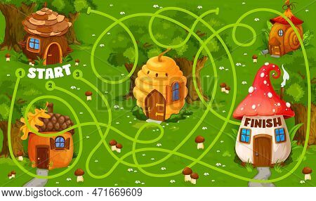 Labyrinth Maze With Fairytale Cartoon Houses. Child Quiz Or Kindergarten Children Puzzle Vector Shee
