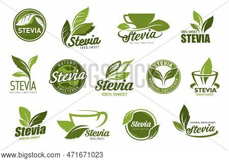 Stevia Leaf And Herbal Extract Icons. Stevia Product Stickers, Natural Sweetener And Healthy Food Pr