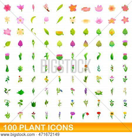100 Plant Icons Set. Cartoon Illustration Of 100 Plant Icons Set Isolated On White Background