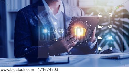 Document Management System Concept, Business Man Holding Folder And Document Icon Software, Searchin