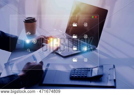 Document Management System Concept, Business Man Holding Folder And Document Icon Software, Searchin