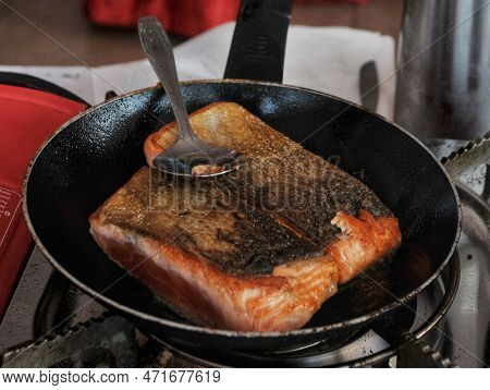 Grilled Tuna In The Pan Has A Delicious Aroma And Has An Appetizing Brown Color