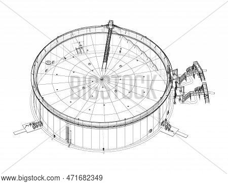 Large Oil Tank With Floating Roof. 3d Illustration. Wire-frame Style. Orthography
