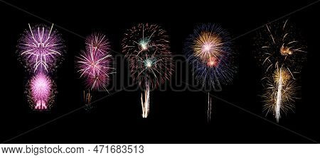 Variety Of Colors Mix Fireworks Or Firecracker Collections In The Darkness Background.