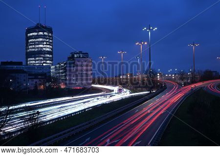 Long Exposure Shot Of The Light Trails On B7 And A52 Freeway Near Meerbusch