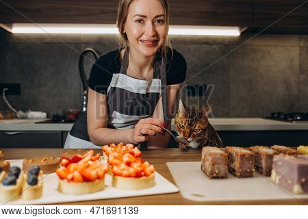 Funny Bengal Cat In The Kitchen Dressed As A Cook.