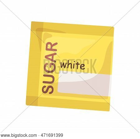 White Beet Sugar Sand Packed In Sachet, Small Bag. Sweet Granulated Powder, Crystals In Closed Seale