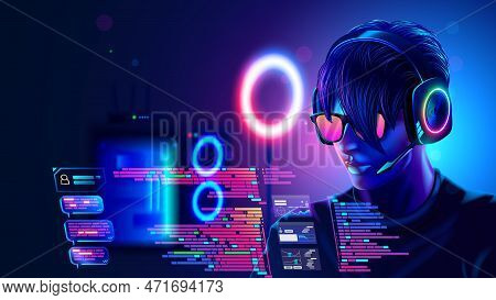 Programmer Or Coder Programming On Computer Text Of Code Of Program. Portrait Man Working Over Lapto