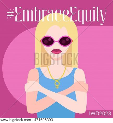 International Women's Day Banner With A Woman Character Hugging Herself. Embrace Equity Movement Ill