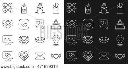 Set Line Heart With Wings, Location Heart, Wedding Cake, Glass Of Champagne, Candy Shaped Box, Love 