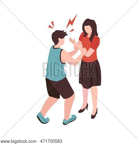 Isometric Partners Husband Wife Conflict Quarreling Family Domestic Abuse Composition Vector Illustr