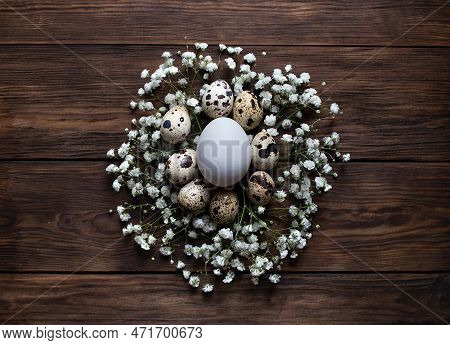 White Egg Surrounded With Quial Eggs In Nest Of Gypsophila Flowers On Rustic Wooden Background. East
