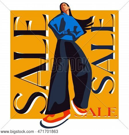 Modern Fashionable Girl In Sneakers. Stylish Young Girl Dancing. Discount, Black Friday Or Seasonal 