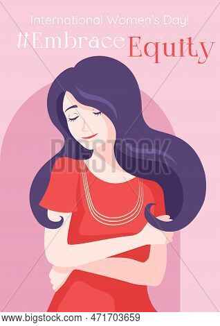 Embrace Equity Poster With A Cute Woman In A Red Dress Character Hugging Herself. Embrace Equity Mov