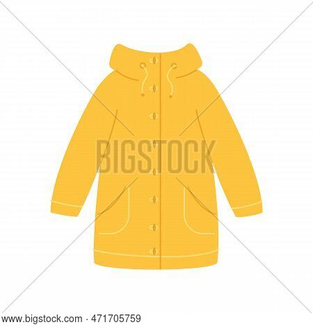 Bright Yellow Raincoat With Hood On White Background. Protection From Rain And Wind. Clothing For We