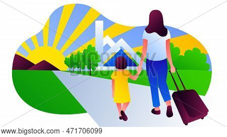 A Girl And Her Mother Return Home. Vector Illustration