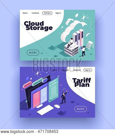 Set With Two Horizontal Web Hosting Landing Pages With Isometric Icons Of Cloud Storage Tariff Plan 