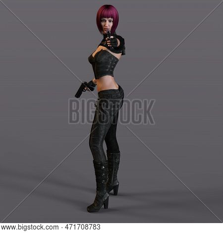 3d-illustration Of An Female Rogutlike Ninja Fighter Fighter In A Nanosuit With Guns