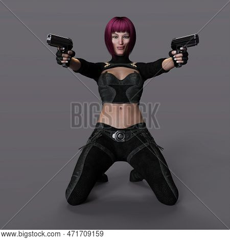 3d-illustration Of An Female Rogutlike Ninja Fighter Fighter In A Nanosuit With Guns