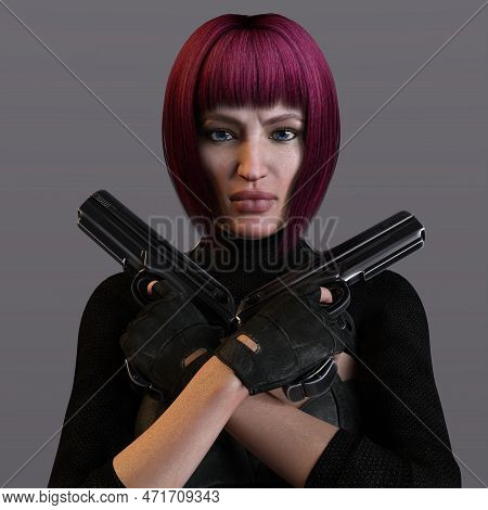 3d-illustration Of An Female Rogutlike Ninja Fighter Fighter In A Nanosuit With Guns