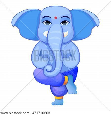 Little Cute Ganesh, Religious Traditional God Elephant Blue Color In Cartoon Character Isolated On W